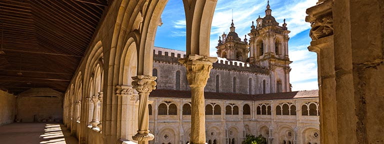The main facade of the Alcobaça Monastery (Mosteiro de Santa Maria) in Portugal